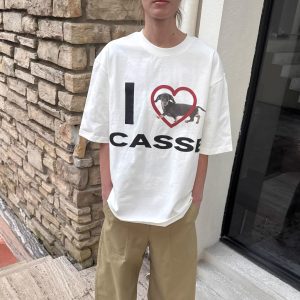 Korean Style Heart-Shaped Sausage Dog Cartoon Print Casual Loose Cotton Short Sleeve T-Shirt Top for Everyday Wear