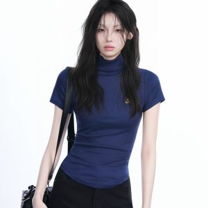 Korean-Style High-Neck Embroidered Short Sleeve T-Shirt for Women – Trendy Fitted Top for Spicy Y2K Fashion Lovers