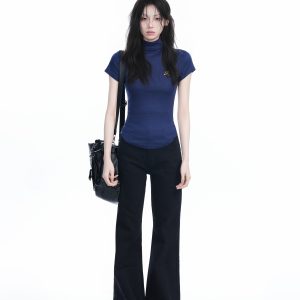 Korean-Style High-Neck Embroidered Short Sleeve T-Shirt for Women – Trendy Fitted Top for Spicy Y2K Fashion Lovers