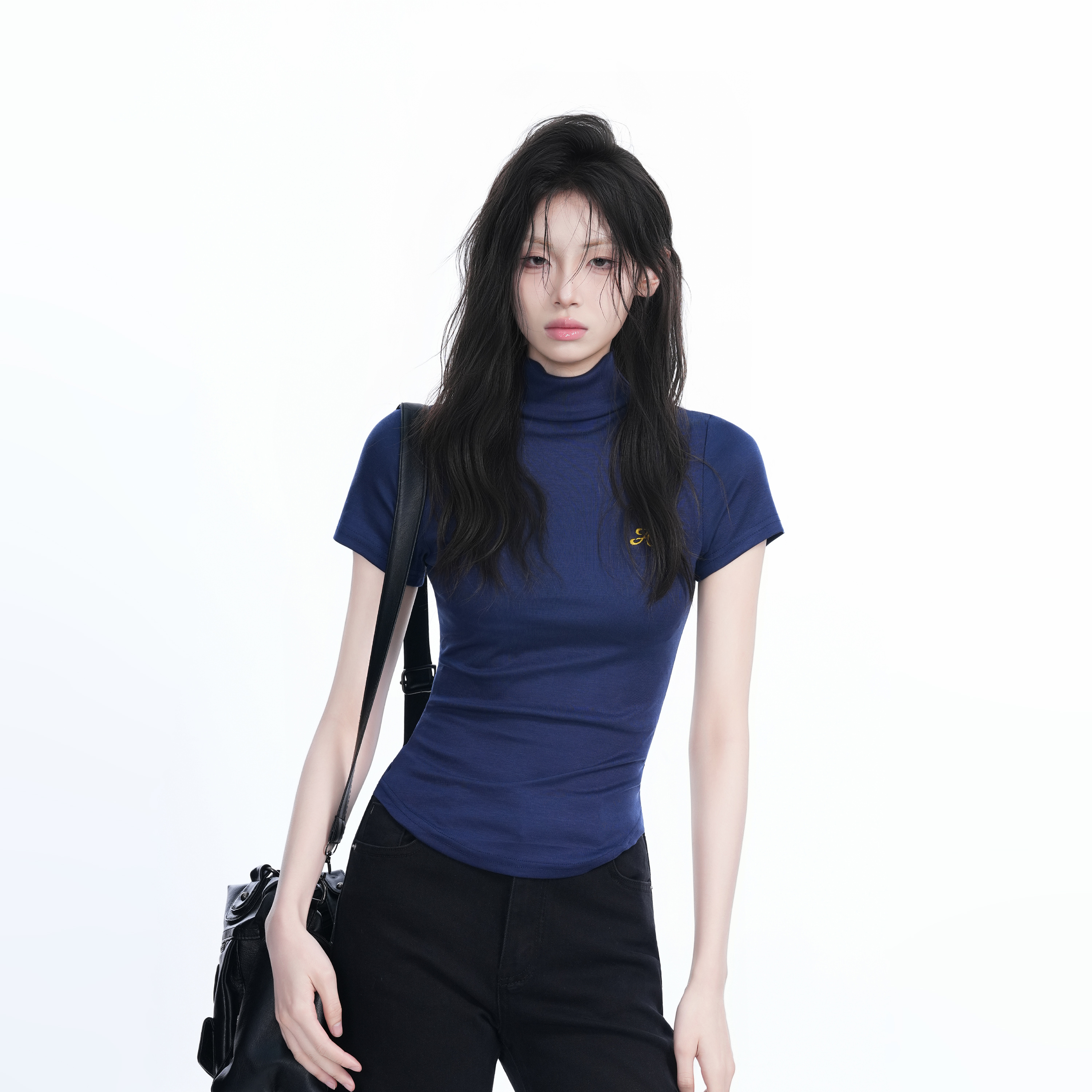 Korean-Style High-Neck Embroidered Short Sleeve T-Shirt for Women – Trendy Fitted Top for Spicy Y2K Fashion Lovers