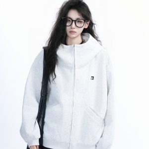 Korean Style High-Neck Hooded Cardigan Sweatshirt for Women - Spring Loose Unisex Zip-Up Jacket