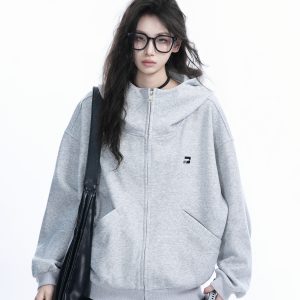 Korean Style High-Neck Hooded Cardigan Sweatshirt for Women - Spring Loose Unisex Zip-Up Jacket