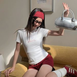 Korean Style Ink Wash Printed Short-Sleeve Fitted Slim Pure Cotton High-Stretch Trendy T-Shirt for Women