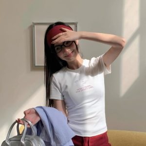 Korean Style Ink Wash Printed Short-Sleeve Fitted Slim Pure Cotton High-Stretch Trendy T-Shirt for Women