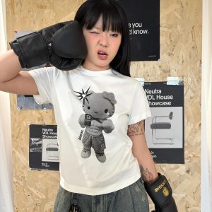 Korean Style Kitty Cartoon Print Fitted Cotton Fitness Top - High Elastic Slim Short Sweet Girl's Tee