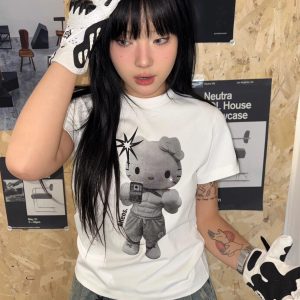 Korean Style Kitty Cartoon Print Fitted Cotton Fitness Top - High Elastic Slim Short Sweet Girl's Tee
