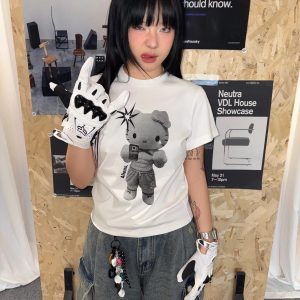 Korean Style Kitty Cartoon Print Fitted Cotton Fitness Top - High Elastic Slim Short Sweet Girl's Tee