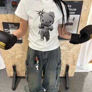 Korean Style Kitty Cartoon Print Fitted Cotton Fitness Top - High Elastic Slim Short Sweet Girl's Tee