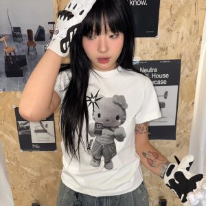 Korean Style Kitty Cartoon Print Fitted Cotton Fitness Top - High Elastic Slim Short Sweet Girl's Tee