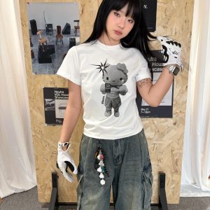 Korean Style Kitty Cartoon Print Fitted Cotton Fitness Top - High Elastic Slim Short Sweet Girl's Tee