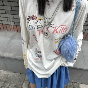 Korean Style Kitty Cat Print Casual Loose Long Sleeve Cotton Shirt for Women - Versatile Everyday Top