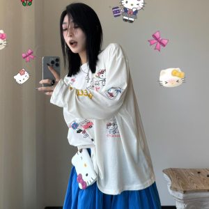 Korean Style Kitty Cat Print Casual Loose Long Sleeve Cotton Shirt for Women - Versatile Everyday Top