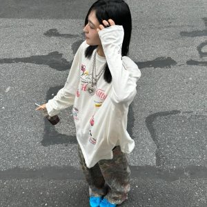 Korean Style Kitty Cat Print Casual Loose Long Sleeve Cotton Shirt for Women - Versatile Everyday Top