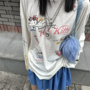 Korean Style Kitty Cat Print Casual Loose Long Sleeve Cotton Shirt for Women - Versatile Everyday Top