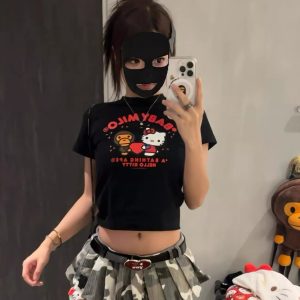 Korean Style Kitty Cat Printed Slim-Fit Round Neck Short Sleeve T-Shirt for Women - Age-Reducing Pure Cotton 25SS