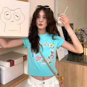 Korean Style Kitty Collar Printed Short Slim-Fit Cotton Short Sleeve Top for Sweet Girls