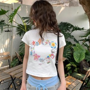 Korean Style Kitty Collar Printed Short Slim-Fit Cotton Short Sleeve Top for Sweet Girls