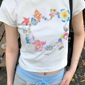 Korean Style Kitty Collar Printed Short Slim-Fit Cotton Short Sleeve Top for Sweet Girls