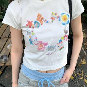 Korean Style Kitty Collar Printed Short Slim-Fit Cotton Short Sleeve Top for Sweet Girls