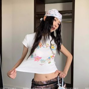 Korean Style Kitty Collar Printed Short Slim-Fit Cotton Short Sleeve Top for Sweet Girls