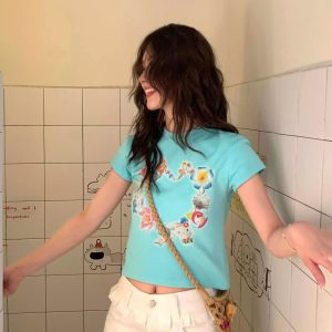 Korean Style Kitty Collar Printed Short Slim-Fit Cotton Short Sleeve Top for Sweet Girls