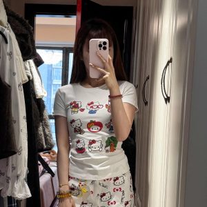 Korean Style Kitty Paradise Printed Short Sleeve Top - Fitted Slim Pure Cotton High-Stretch Sweet Girl Tee