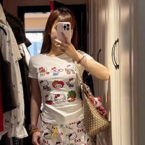 Korean Style Kitty Paradise Printed Short Sleeve Top - Fitted Slim Pure Cotton High-Stretch Sweet Girl Tee