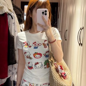 Korean Style Kitty Paradise Printed Short Sleeve Top - Fitted Slim Pure Cotton High-Stretch Sweet Girl Tee