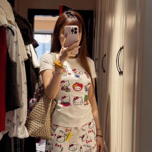 Korean Style Kitty Paradise Printed Short Sleeve Top - Fitted Slim Pure Cotton High-Stretch Sweet Girl Tee