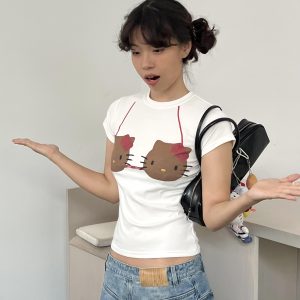 Korean Style Kitty-Themed Printed Short Sleeve Slim-Fit Cotton Top for Women - Sweet and Cool Age-Reducing Design