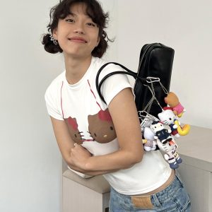 Korean Style Kitty-Themed Printed Short Sleeve Slim-Fit Cotton Top for Women - Sweet and Cool Age-Reducing Design