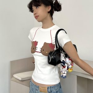 Korean Style Kitty-Themed Printed Short Sleeve Slim-Fit Cotton Top for Women - Sweet and Cool Age-Reducing Design