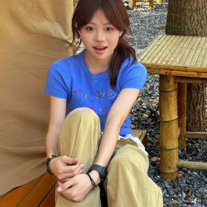 Korean Style Knitted Short Sleeve Slim Fit T-Shirt with Letter Embroidery - Blue Cropped College Style for Summer