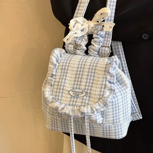 Korean-Style Lace Checkered Mini Backpack with Ruffles | 2025 New Double-Shoulder Fluffy Bag for Niche Fashion