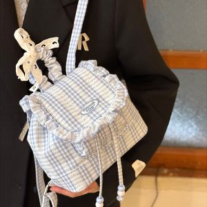 Korean-Style Lace Checkered Mini Backpack with Ruffles | 2025 New Double-Shoulder Fluffy Bag for Niche Fashion