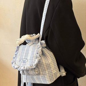 Korean-Style Lace Checkered Mini Backpack with Ruffles | 2025 New Double-Shoulder Fluffy Bag for Niche Fashion