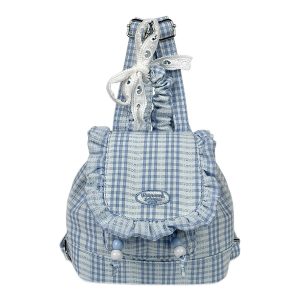 Korean-Style Lace Checkered Mini Backpack with Ruffles | 2025 New Double-Shoulder Fluffy Bag for Niche Fashion
