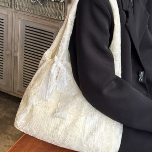 Korean-Style Lace Flower Canvas Tote Bag for Women, 2025 Large Capacity Shoulder Bag for Commuting and Everyday Use