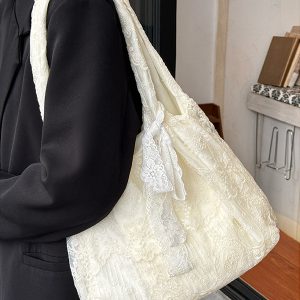 Korean-Style Lace Flower Canvas Tote Bag for Women, 2025 Large Capacity Shoulder Bag for Commuting and Everyday Use