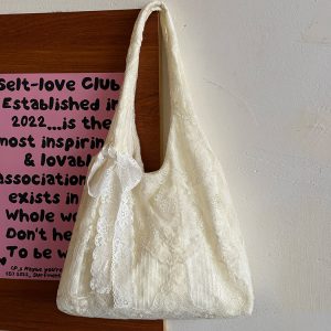 Korean-Style Lace Flower Canvas Tote Bag for Women, 2025 Large Capacity Shoulder Bag for Commuting and Everyday Use