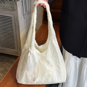 Korean-Style Lace Flower Canvas Tote Bag for Women, 2025 Large Capacity Shoulder Bag for Commuting and Everyday Use