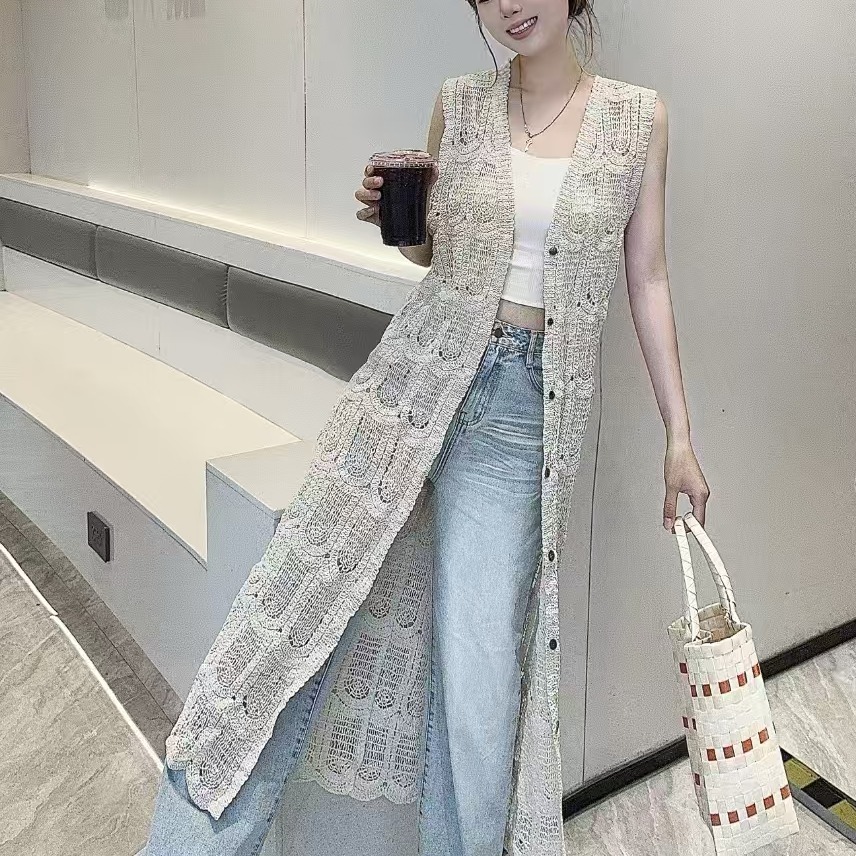 Korean-Style Lace Hollow Knitted Cardigan for Women - Vintage Versatile Long Vest Top for Vacation and Everyday Wear