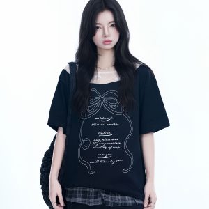 Korean-Style Lace Spliced Off-Shoulder Short Sleeve T-Shirt for Women – Loose Fit, Sweet Design, Perfect for Casual Y2K Fashion