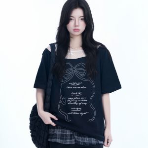Korean-Style Lace Spliced Off-Shoulder Short Sleeve T-Shirt for Women – Loose Fit, Sweet Design, Perfect for Casual Y2K Fashion