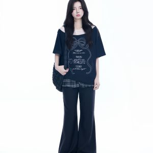 Korean-Style Lace Spliced Off-Shoulder Short Sleeve T-Shirt for Women – Loose Fit, Sweet Design, Perfect for Casual Y2K Fashion