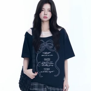 Korean-Style Lace Spliced Off-Shoulder Short Sleeve T-Shirt for Women – Loose Fit, Sweet Design, Perfect for Casual Y2K Fashion