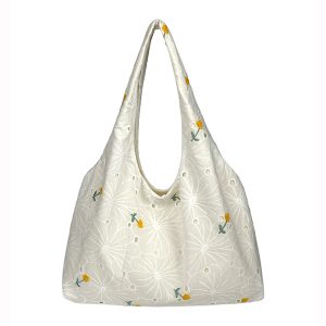 Korean-Style Large-Capacity Daisy Lace Flower Canvas Tote Bag for Women - Chic Commuting Underarm Shoulder Bag