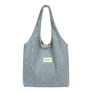 Korean Style Large Capacity Denim Canvas Tote Bag with Embroidery - Perfect Commuting Shoulder Bag for Students