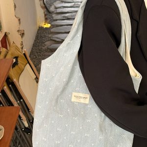 Korean Style Large Capacity Denim Canvas Tote Bag with Embroidery - Perfect Commuting Shoulder Bag for Students