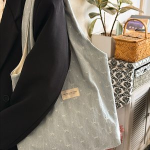 Korean Style Large Capacity Denim Canvas Tote Bag with Embroidery - Perfect Commuting Shoulder Bag for Students